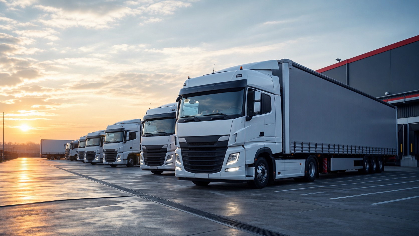 Modern trucks in a logistics yard